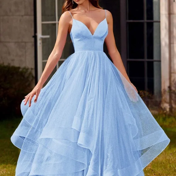 navy blue dress for baby girl Tulle A-Line Princess V-Neck Sleeveless Floor-Length Prom Dress with  Appliques – Simidress main image 0